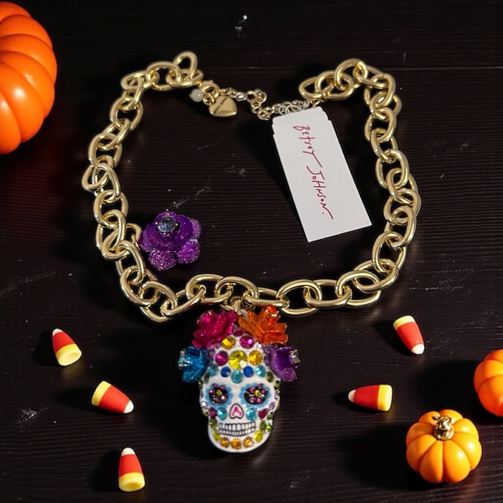 Betsey Johnson Gold Skull Pendant Necklace with Multicolor Accents - Picture 4 of 16
